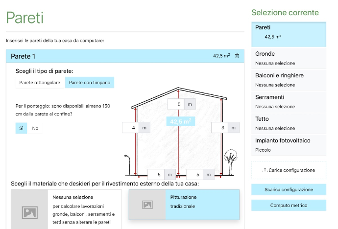 Interface to input wall dimension data in a web application.